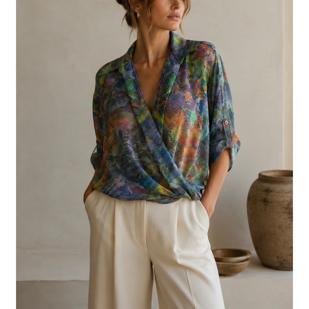JULIAN CHANG Silk Rainbow Snakeskin Print Sheer Wrap Blouse Multi Color